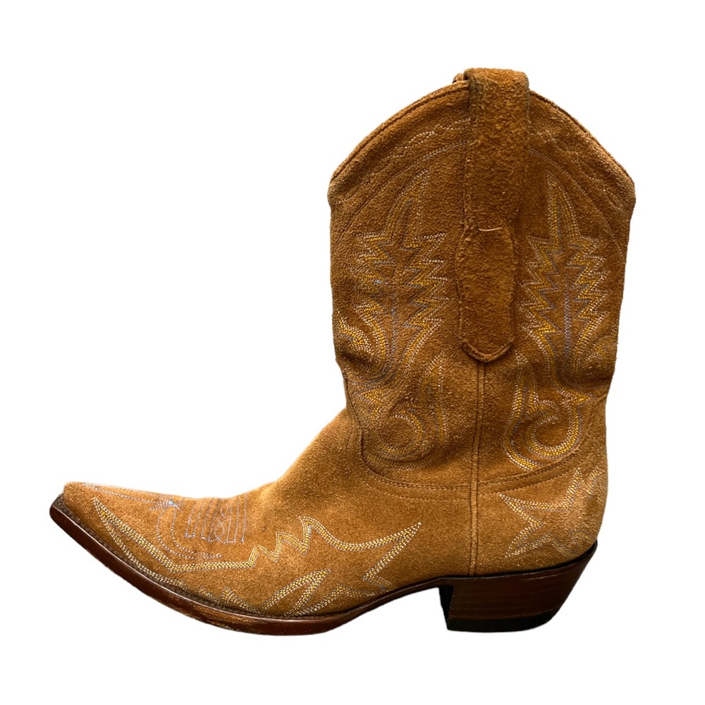 Old Gringo | Tan Suede Western Boots with Blue and Yellow Embroidered Stitching